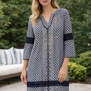Crown & Ivy Geometric Navy and White Dress NWT